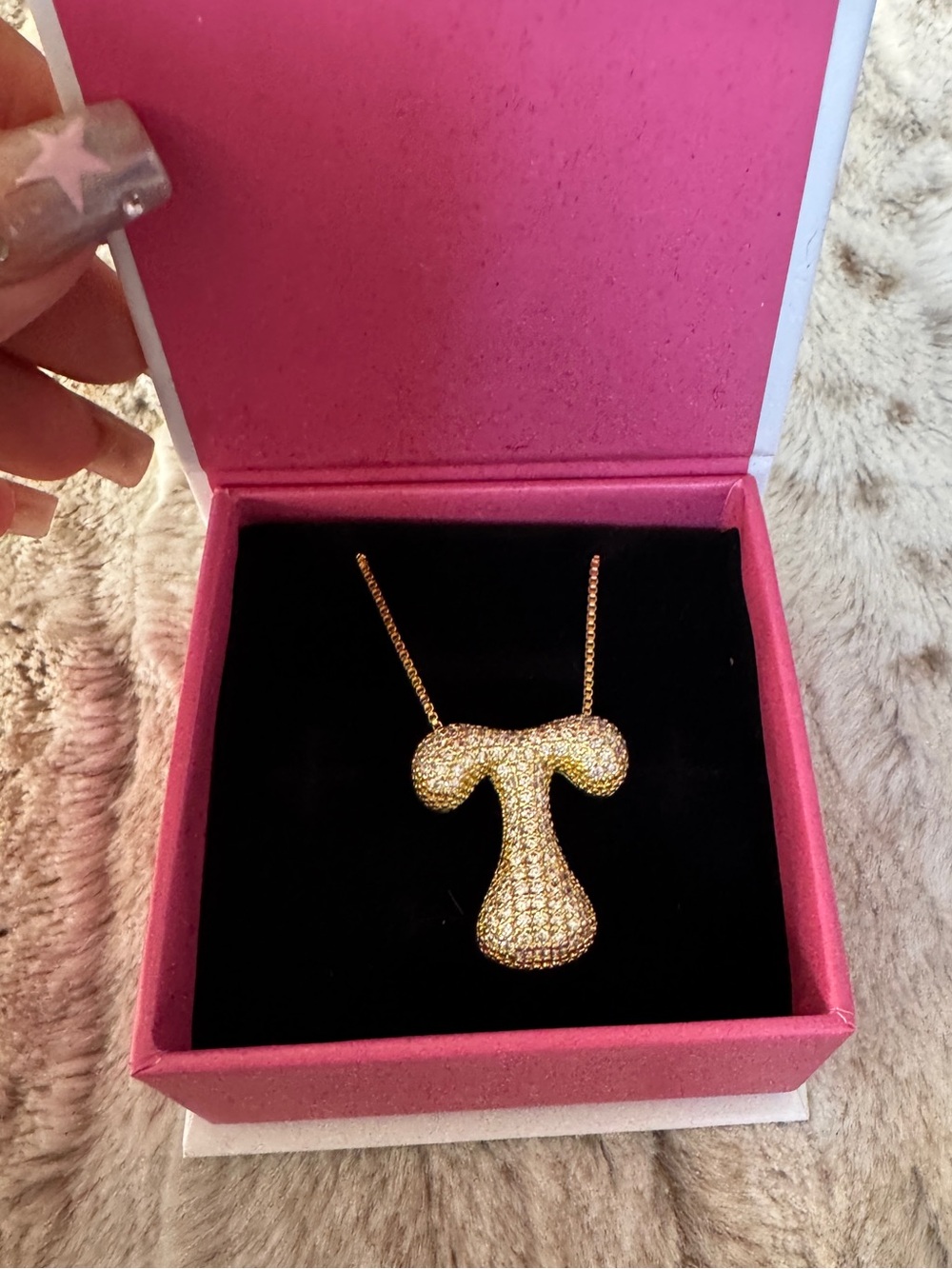18k gold plated bubble initial “T” rhinestone necklace
